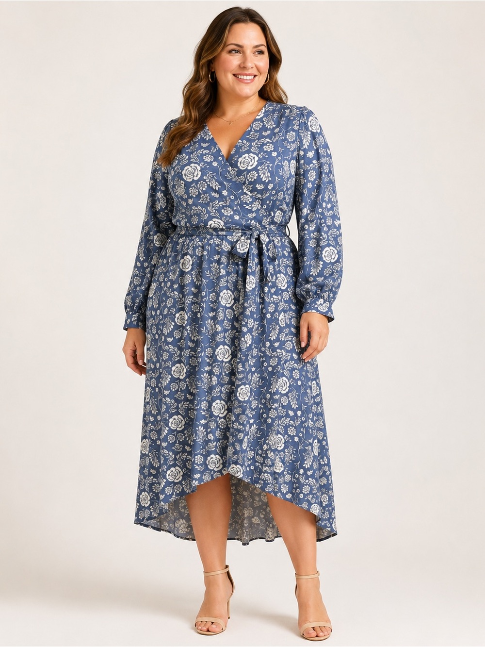 LC Lauren Conrad Modern Wrap Tea-Length Dress slate blue white rose xxl